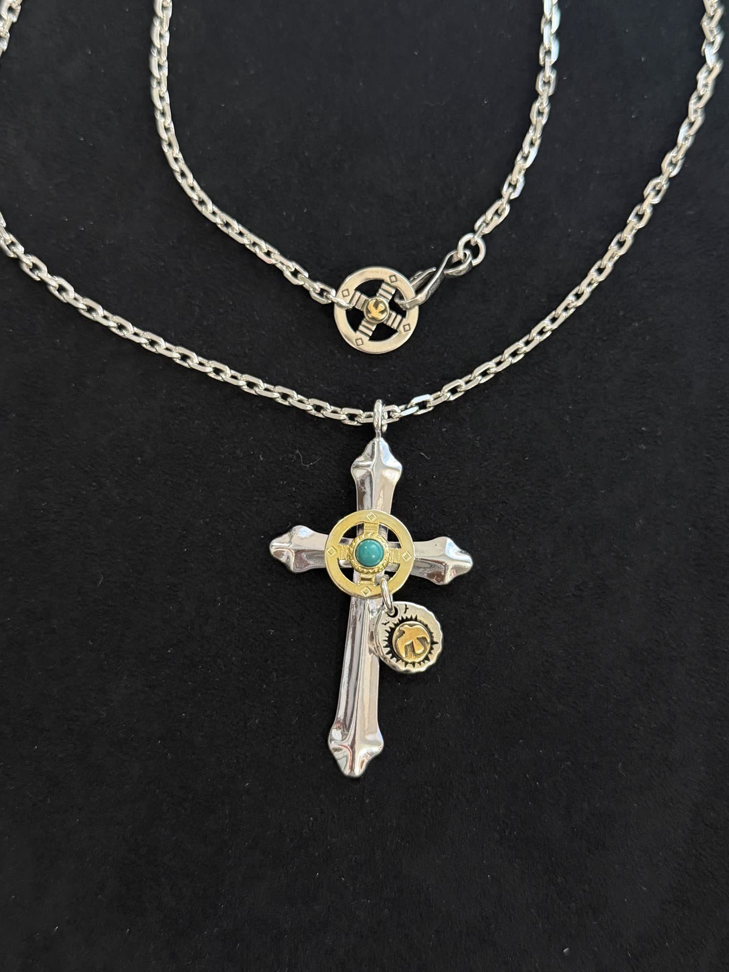 Chrome Hearts Silver Cross Pendant with Turquoise and Gold Accents